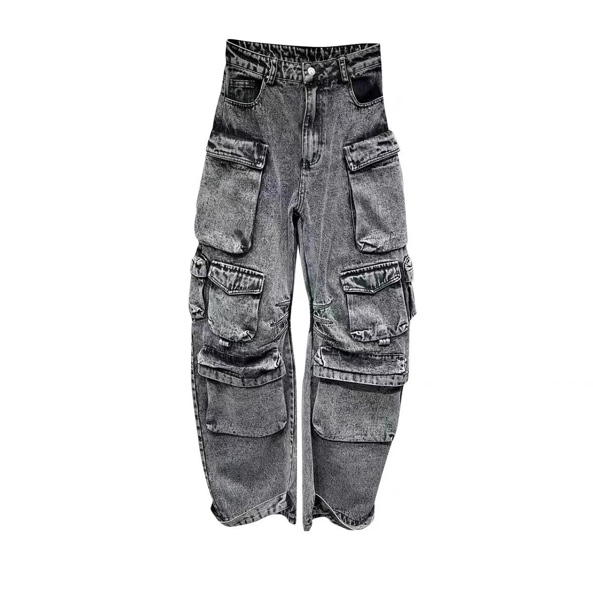 Women's Multi-pocket Jeans Fashion Casual Wide-leg Trousers Gray M
