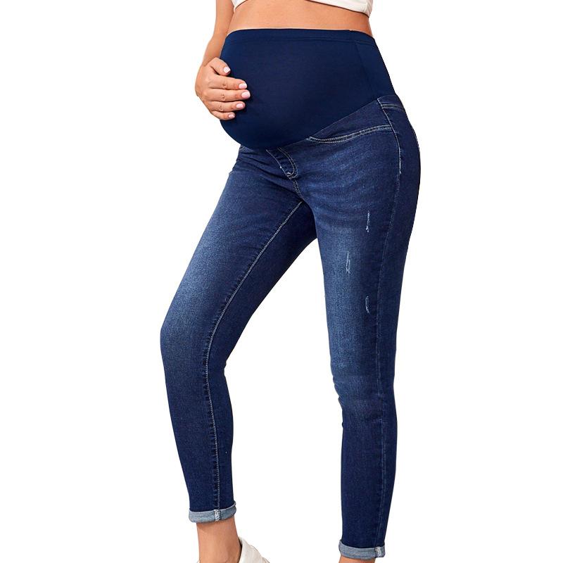 Maternity Jeans High Waist Belly Support Hip Lifting Stretch Dark Blue L