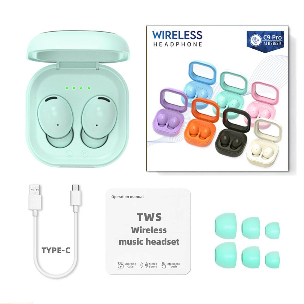 Bluetooth Headset Translucent Charging Bin Wireless 53 In-ear Ultra-long Life Battery C9 Pro Green