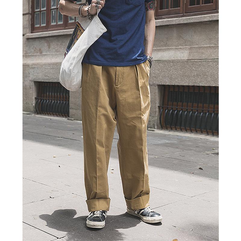Retro Men's Casual Trousers Two Pleats Loose Cargo Yellow L
