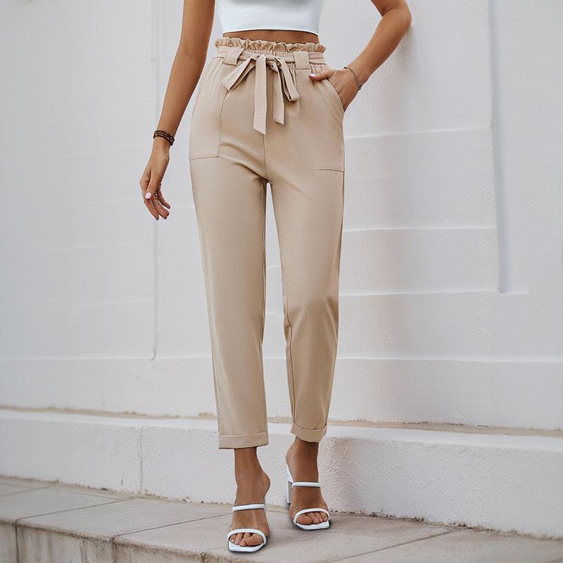 Lace-up Elastic-waist Trousers Simple And Elegant Suitable For Commuting Khaki L
