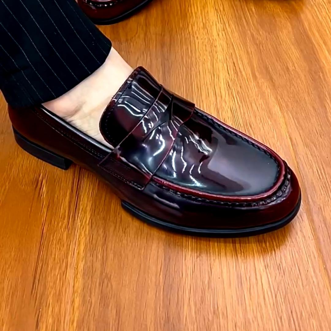 Men's Glossy Pure Leather Business Fashion Leather Shoes Wine Red 38