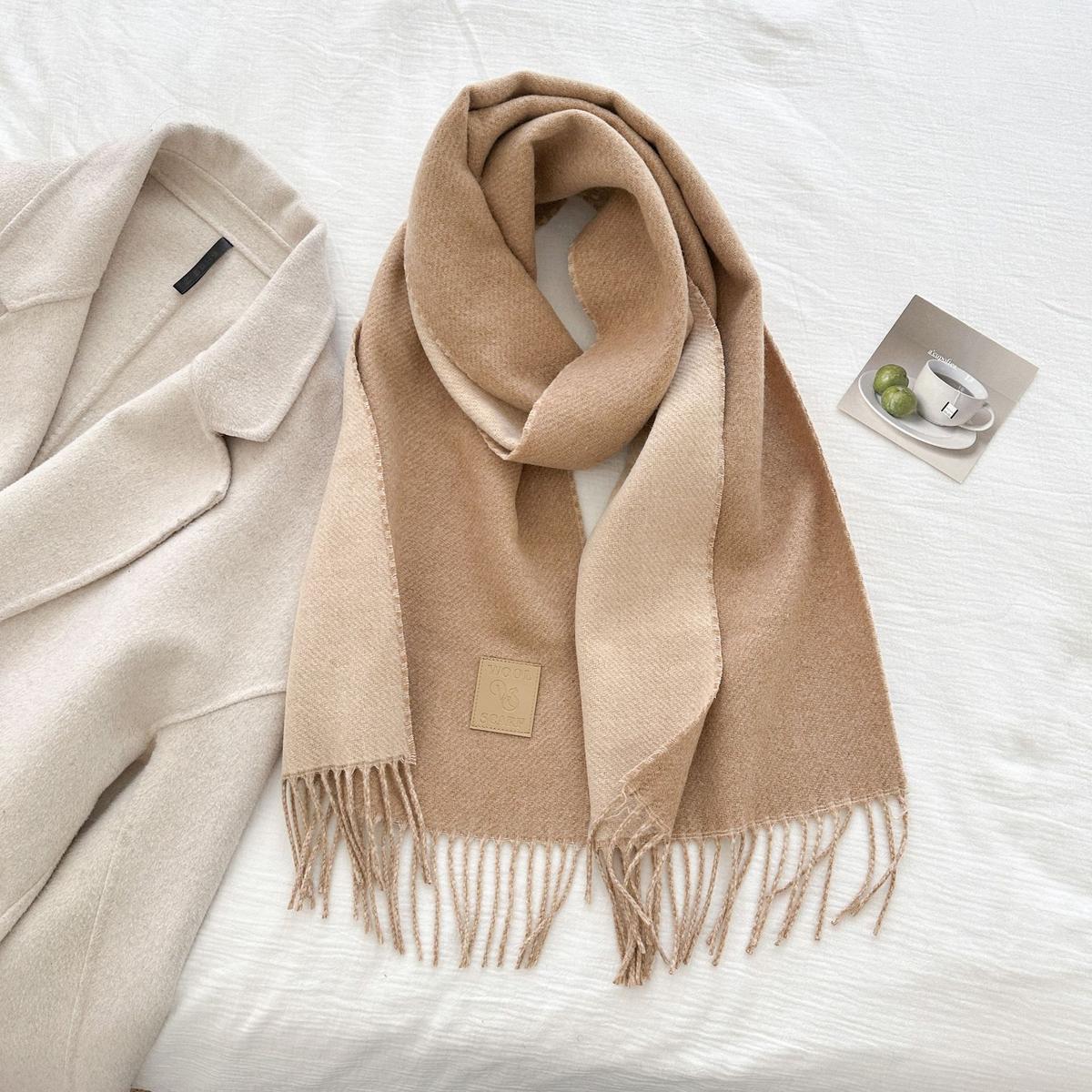Thickened Double-sided Two-tone Wool Scarf Versatile Solid-color Tassel Shawl For Warmth And Style Camel 32x175CM