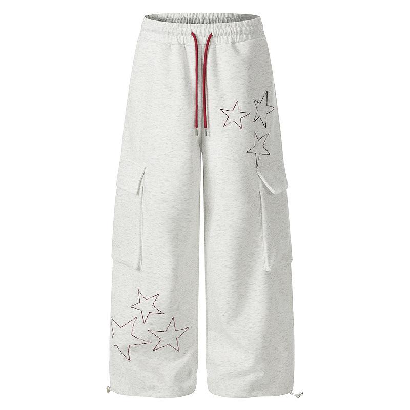 Womens Casual Pants With American-Style Rhinestone Stars And Large Pockets White Flower Gray L
