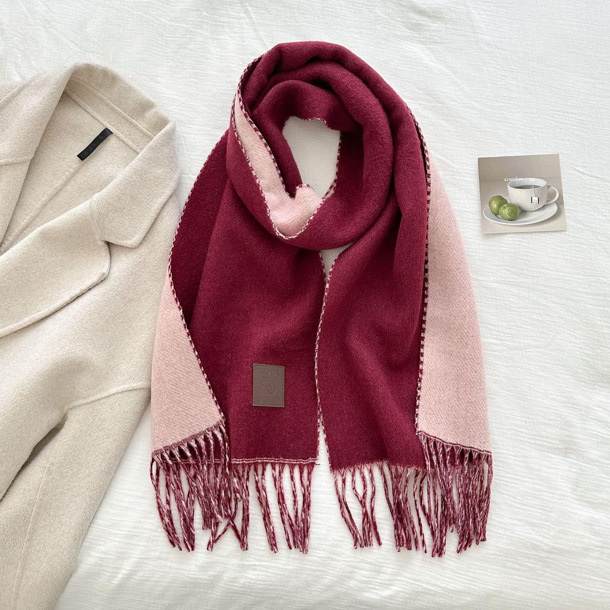 Thickened Double-sided Two-tone Wool Scarf Versatile Solid-color Tassel Shawl For Warmth And Style Purplish Red 32x175CM
