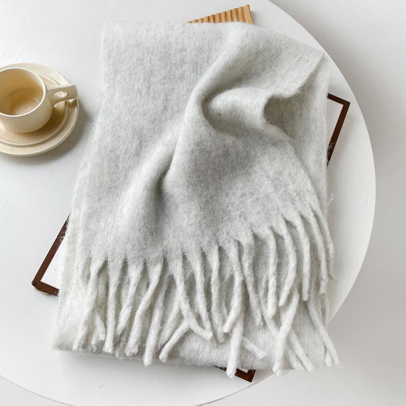 Mellard Merino Wool Korean-Style Relaxed-Feel Solid-Color Brushed Warm Scarf For Women gray white 40X210cm