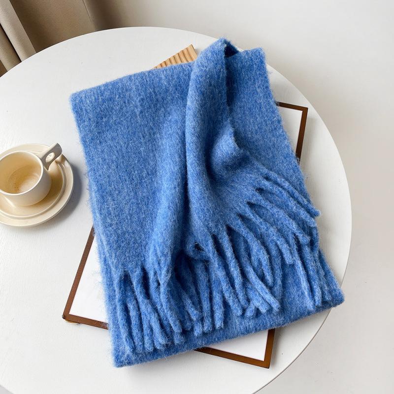 Mellard Merino Wool Korean-Style Relaxed-Feel Solid-Color Brushed Warm Scarf For Women royal blue 40X210cm