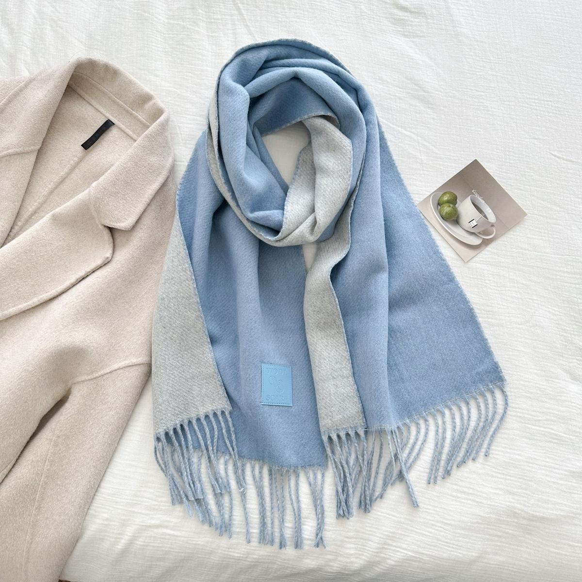 Thickened Double-sided Two-tone Wool Scarf Versatile Solid-color Tassel Shawl For Warmth And Style Sky Blue 32x175CM