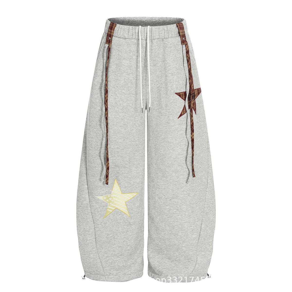 Starry Embroidery Fleece Lined Casual Pants For Women Loose Fit Trousers Gray L