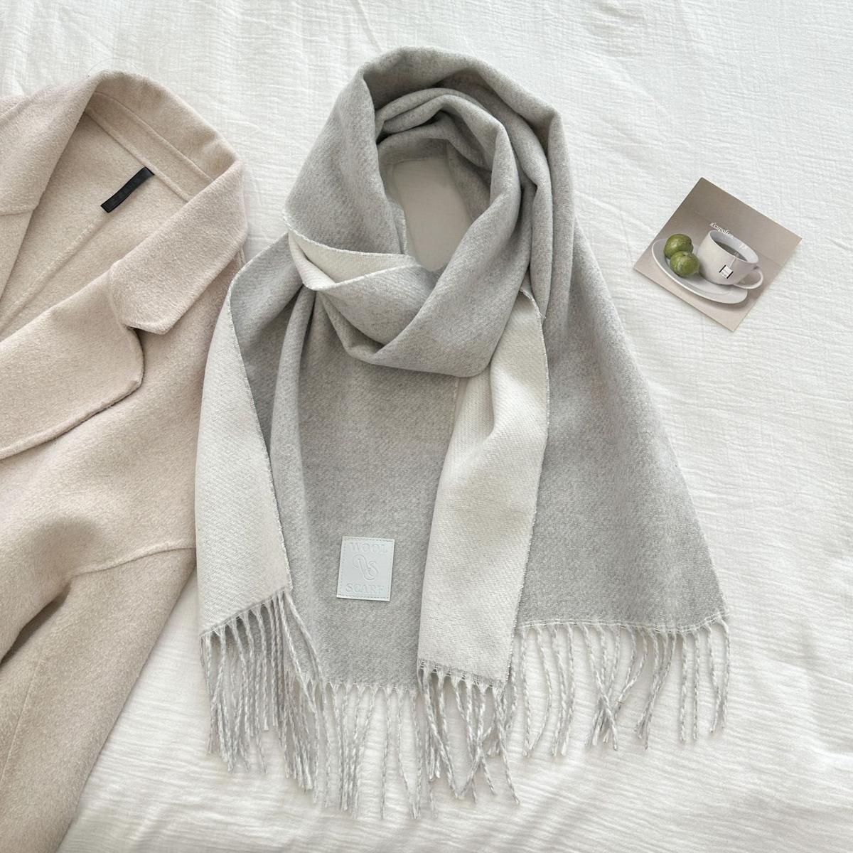 Thickened Double-sided Two-tone Wool Scarf Versatile Solid-color Tassel Shawl For Warmth And Style Granny Grey 32x175CM