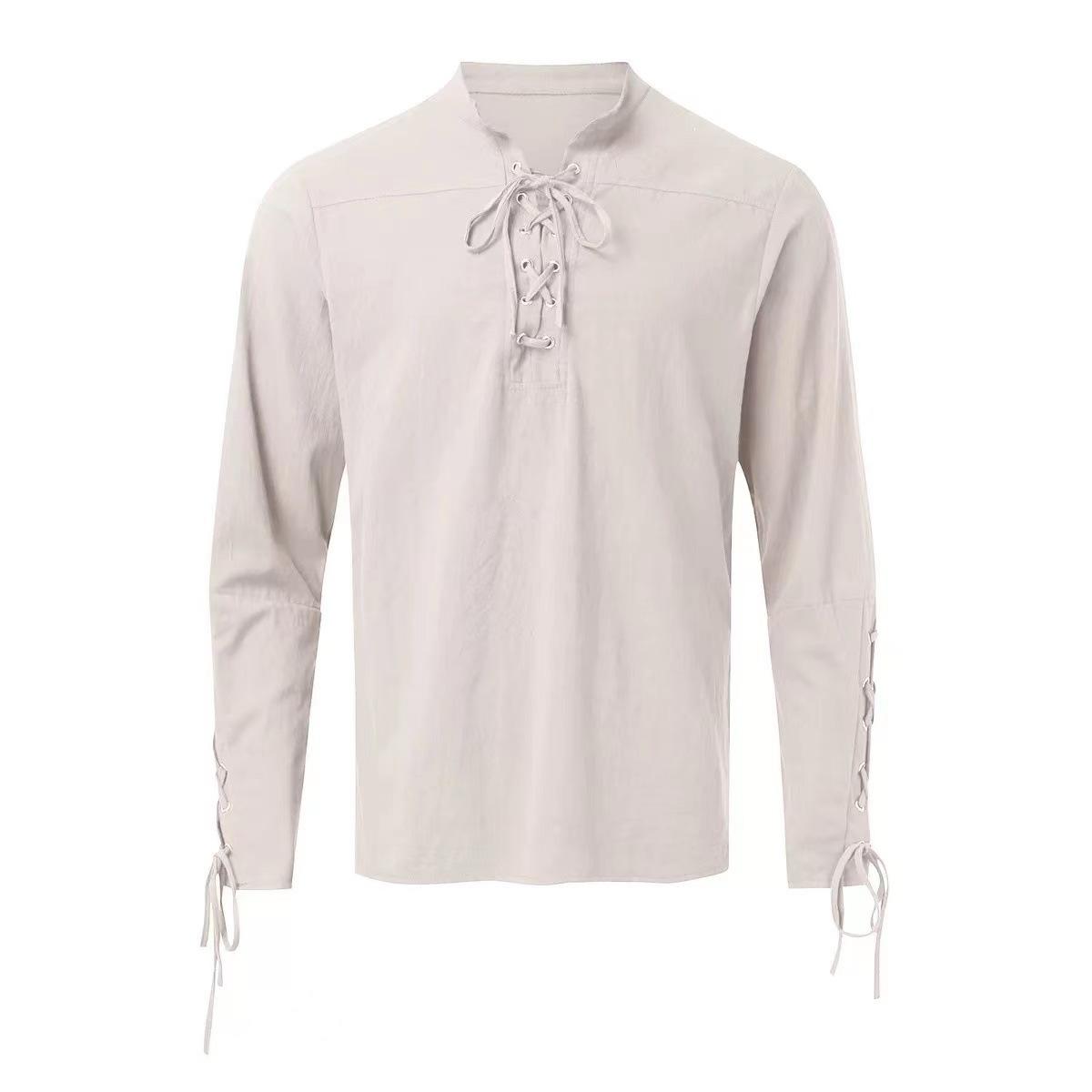 Mens Plus-Size Casual Cotton-Linen V-Neck T-Shirt Beige 2XL