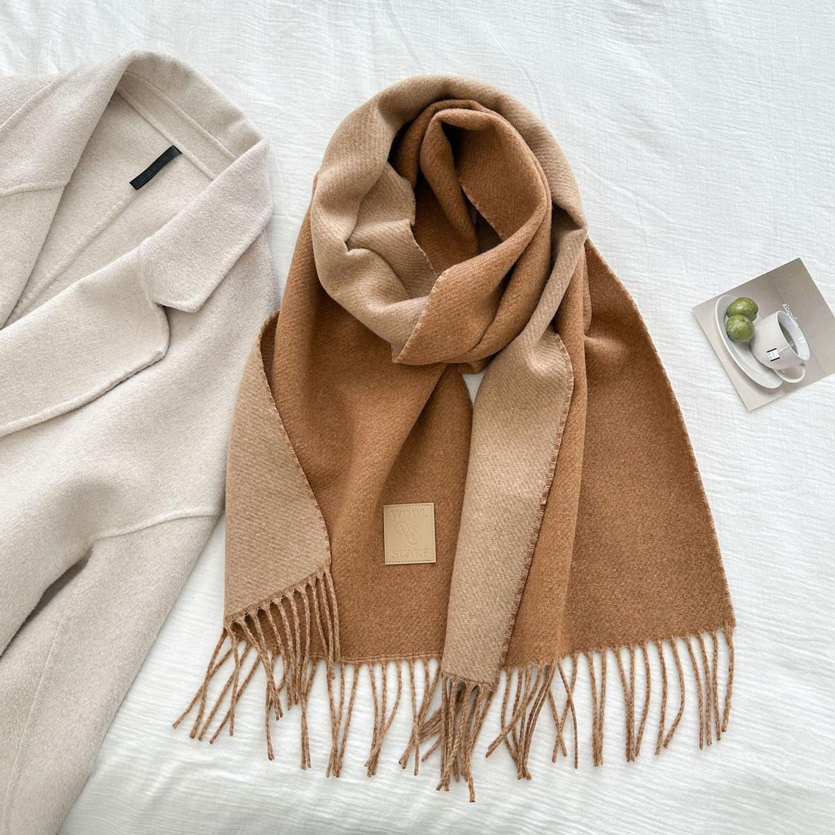 Thickened Double-sided Two-tone Wool Scarf Versatile Solid-color Tassel Shawl For Warmth And Style Caramel 32x175CM