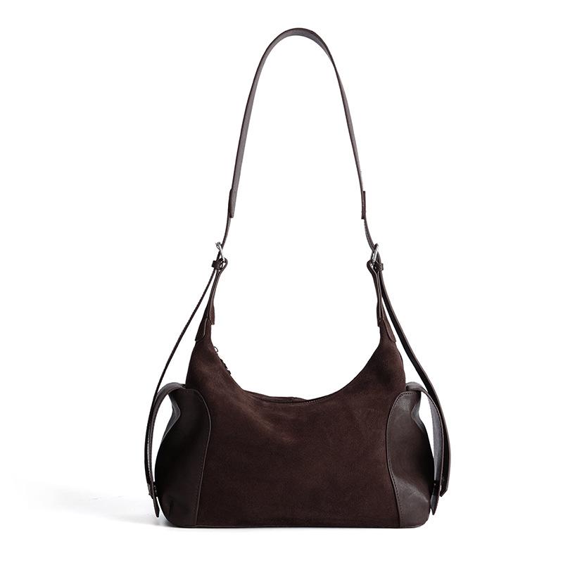 Vintage Boston Bag With Frosted Cowhide And Large Capacity Shoulder Bag Frosted Coffee
