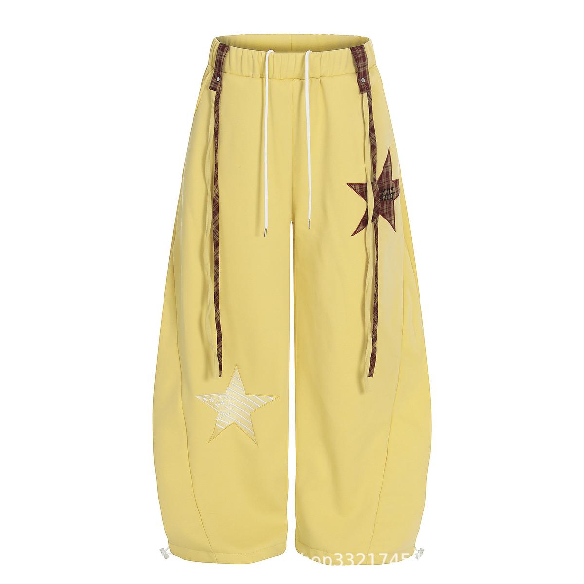 Starry Embroidery Fleece Lined Casual Pants For Women Loose Fit Trousers Yellow L