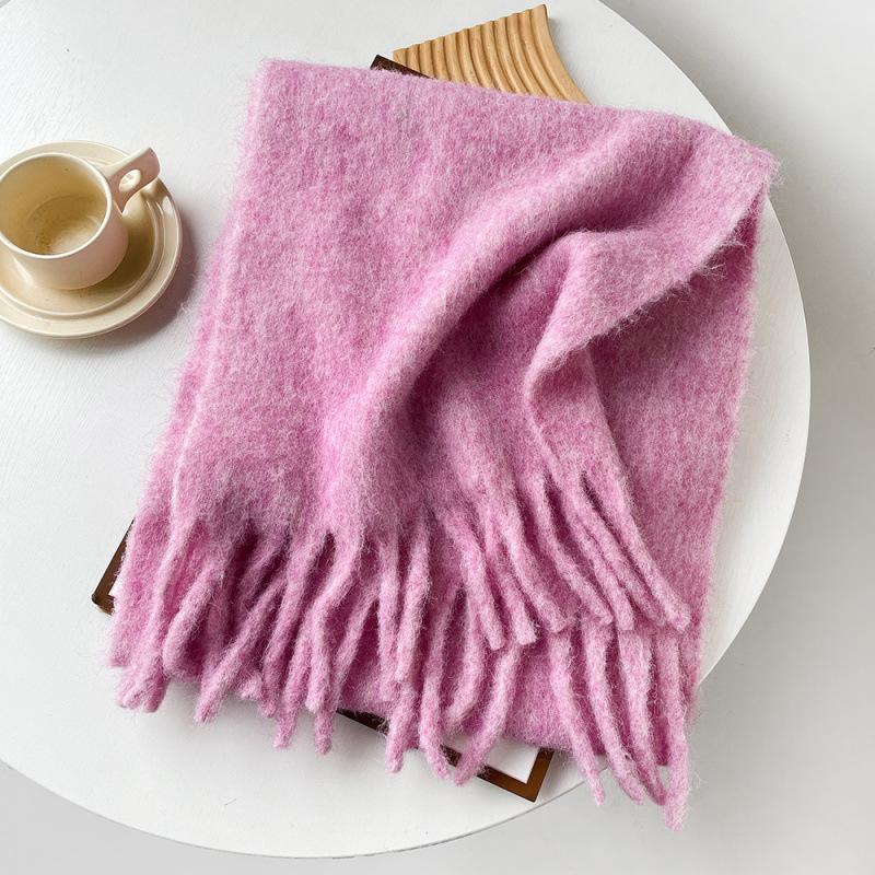 Mellard Merino Wool Korean-Style Relaxed-Feel Solid-Color Brushed Warm Scarf For Women rose pink 40X210cm