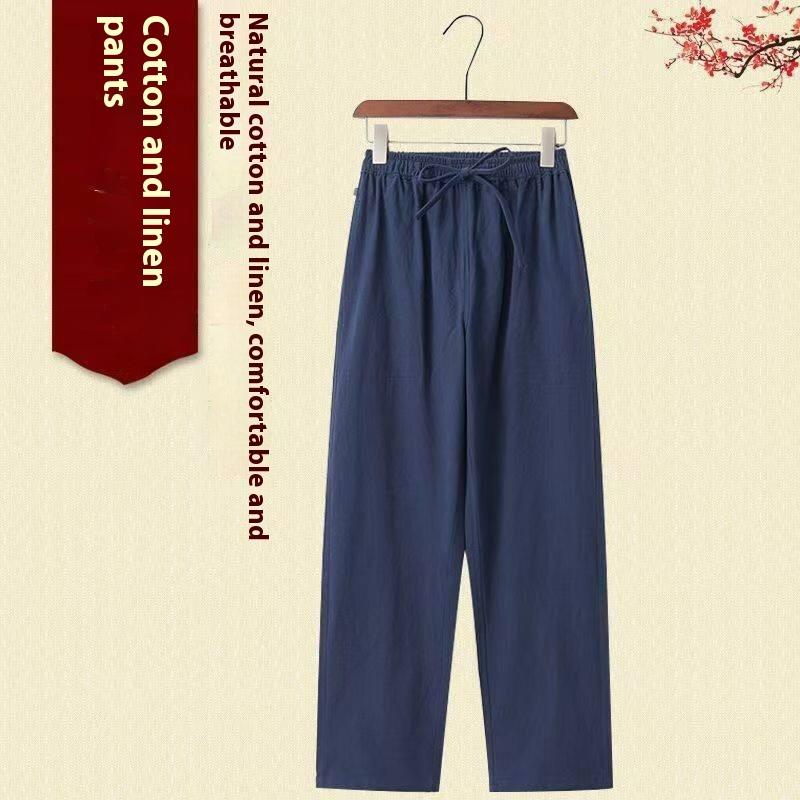 Chinese Linen Men's Loose Retro Straight-leg Pants Navy Blue 2XL