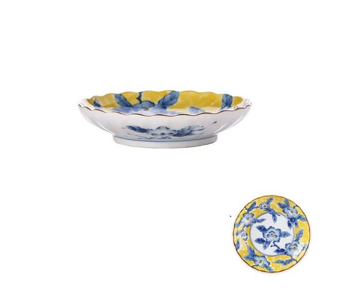 Huang Caishan Tea Porcelain Tableware Yellow And Colorful Patterns 5.4 Inch Fluted Plate