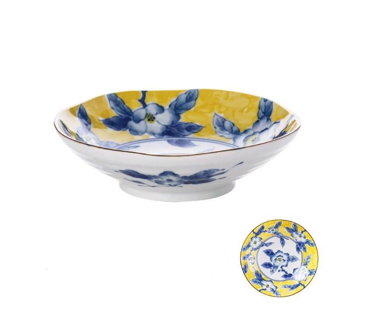 Huang Caishan Tea Porcelain Tableware Yellow And Colorful Patterns 6.7 Inch Deep Plate
