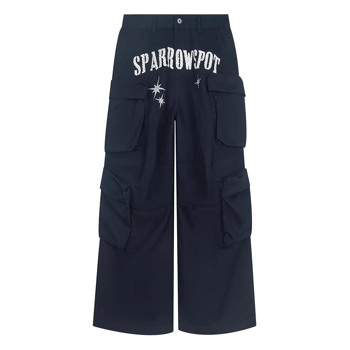 Womens American-style Deconstructed Letter-print Embroidered Design Workwear Pants Navy Blue L