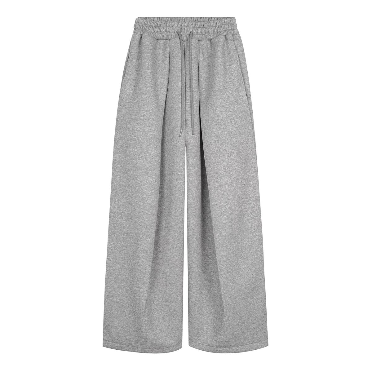 Embroidered Pleated Drawstring Sweatpants For Women Loose Straight Fit Gray L