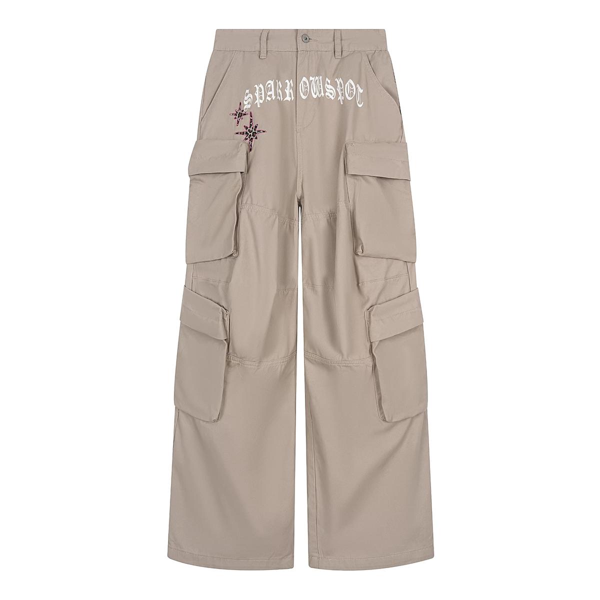 Womens American-style Deconstructed Letter-print Embroidered Multi-pocket Utility Pants Khaki L
