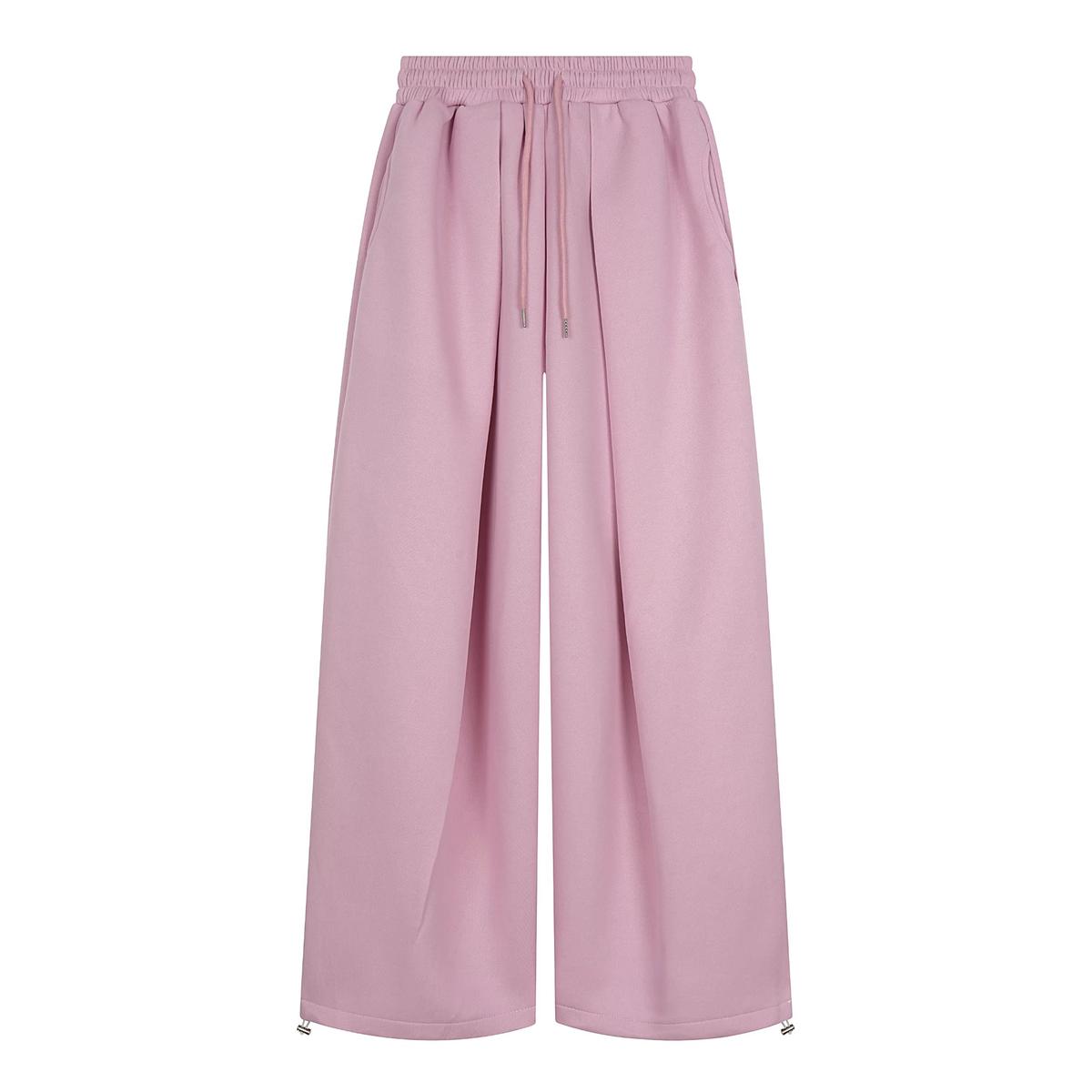 Embroidered Pleated Drawstring Sweatpants For Women Loose Straight Fit Pink L