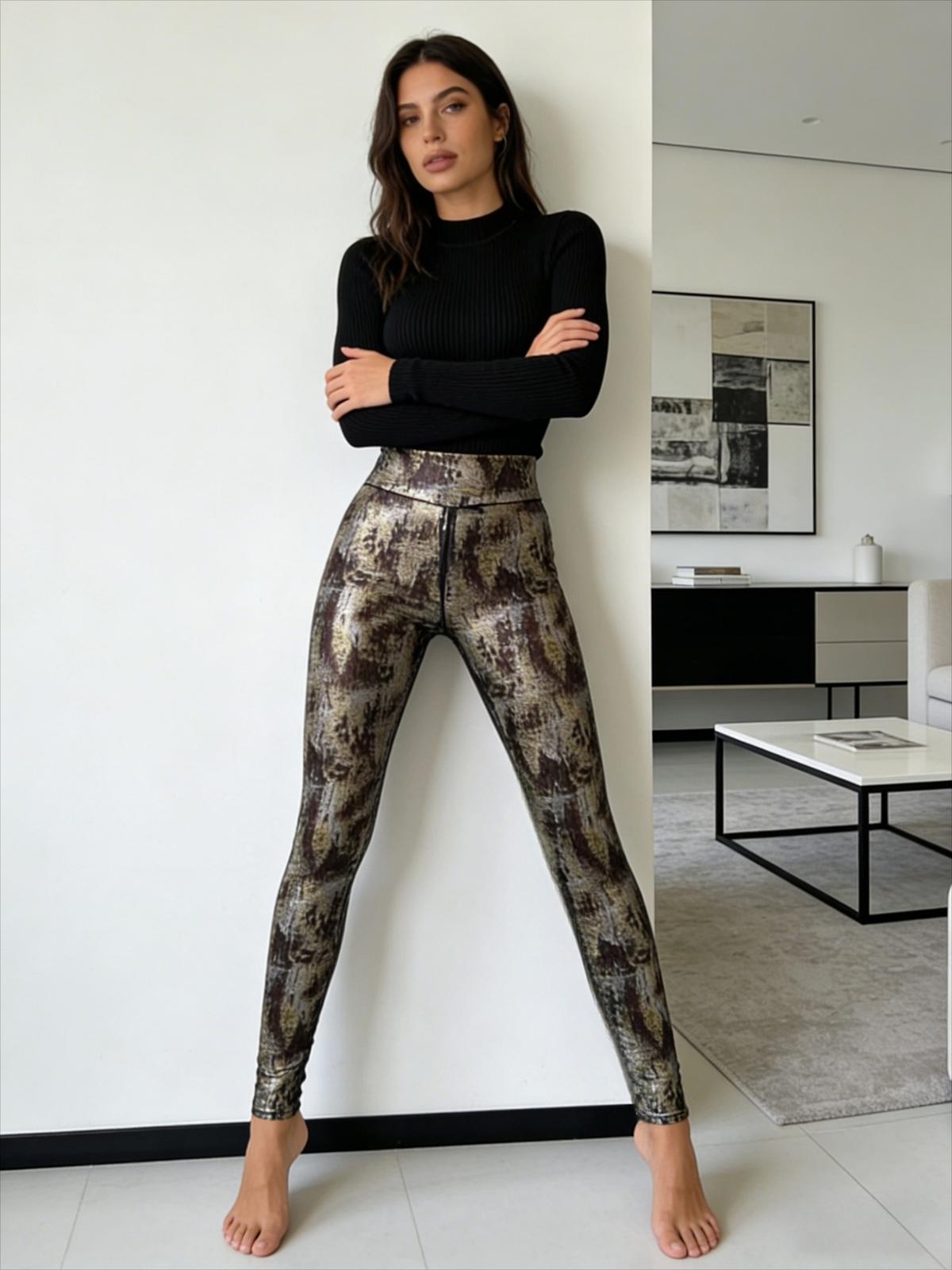 Mirror-effect Patent Leather Zip-fly Bottoming Leggings Camel 2XL