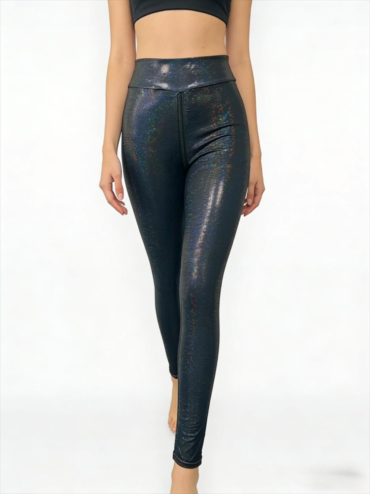 Mirror-effect Patent Leather Zip-fly Bottoming Leggings Blue 2XL