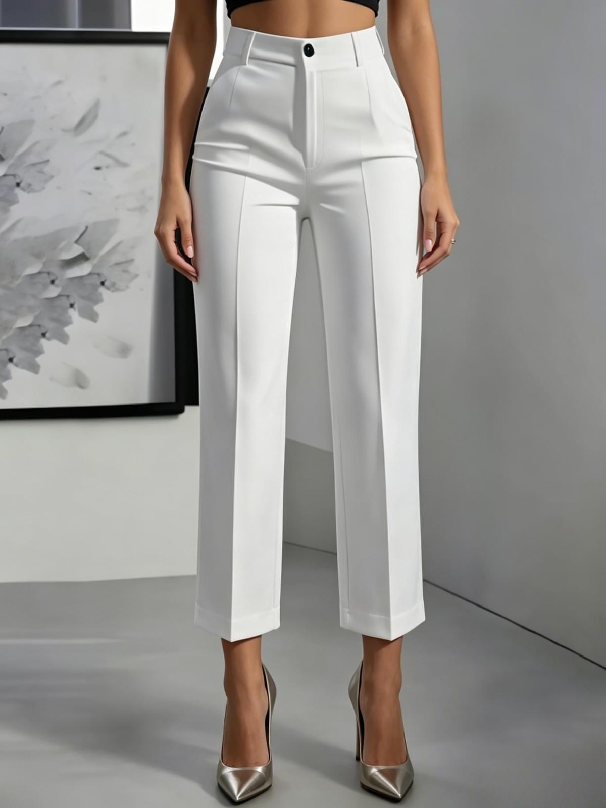 Womens Solid-Color High-Waisted Drapey Straight-Leg Minimalist Trousers White 2XL