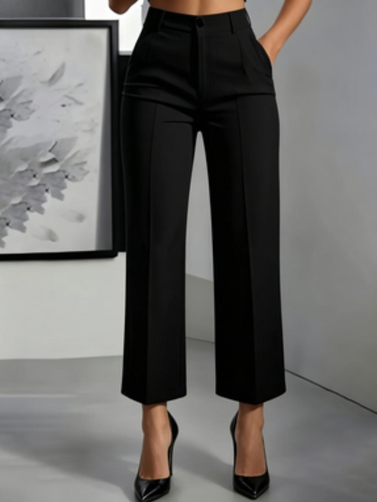 Womens Solid-Color High-Waisted Drapey Straight-Leg Minimalist Trousers Black 2XL