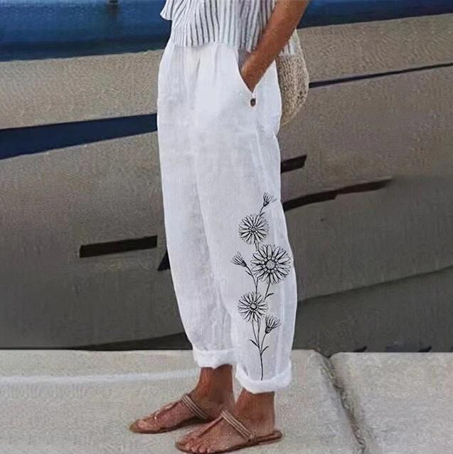 Womens Stylish High-waisted Cotton-linen Breathable Casual Pants Style04 2XL