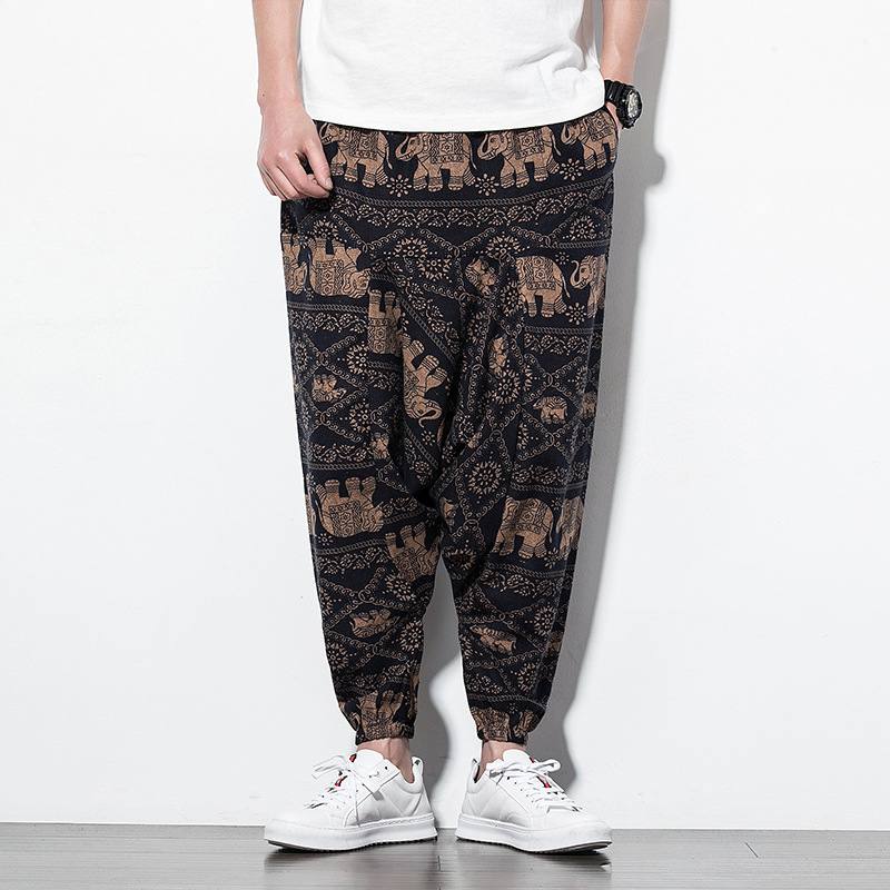 Foreign Trade Amazon 20 Spring And Summer Chinese Style Cotton And Linen Casual Pants Male Printing Long Pants Tide Large Size Loose Hip-Hop Pants