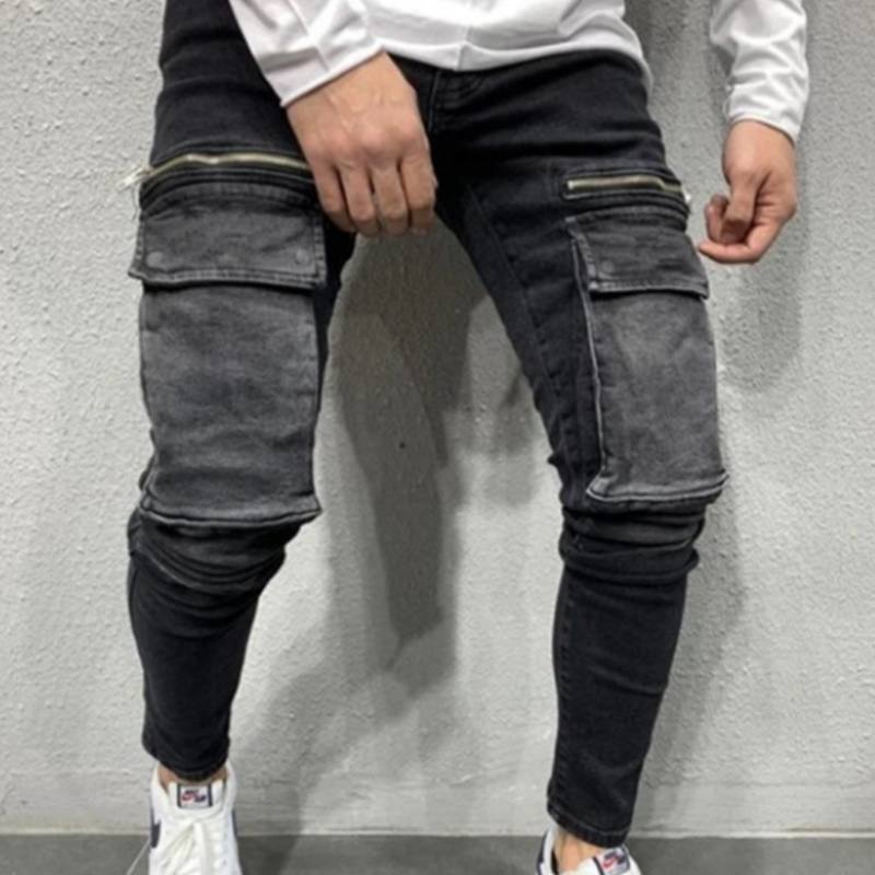 Men'S Denim Fabric Casual Sweatpants Zipper Big Pocket Hip Hop Jeans