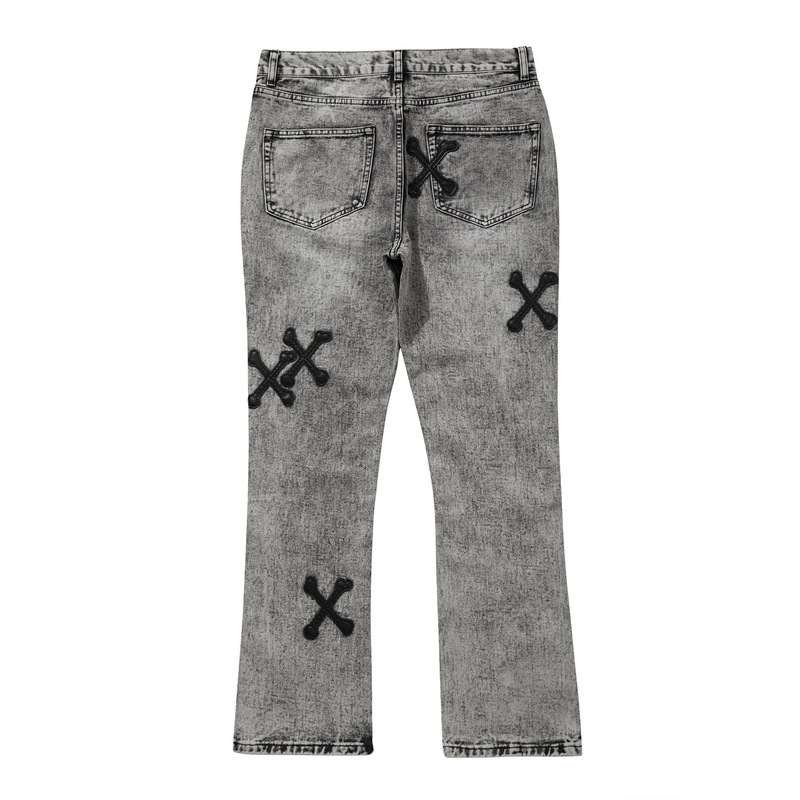 High Street Cross Bone Patch Skin Washed Gray Slim-fit Jeans