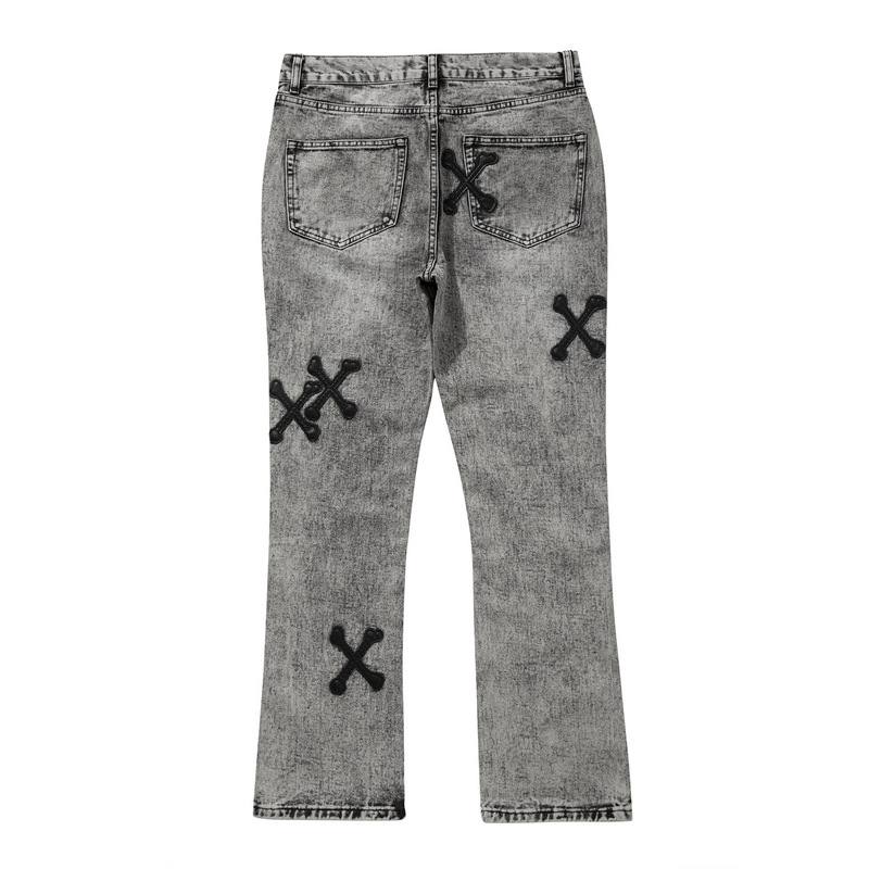 High Street Cross Bone Patch Skin Washed Gray Slim-fit Jeans