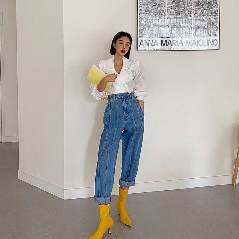Letter Small Label Stitching Line Retro Straight Leg Pants High Waist Carrot Pants Jeans