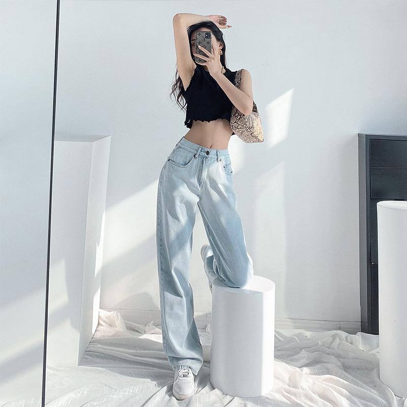 Loose Straight Wide Leg Jeans Large Size High Waist Crotch Cover Thin Casual Drape