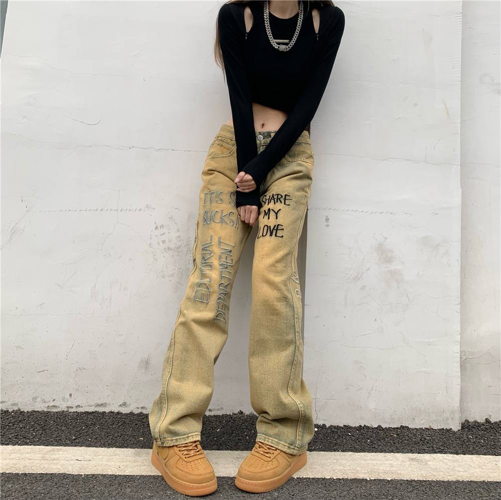 High Waist Slim Straight Loose Ink Splash Jeans
