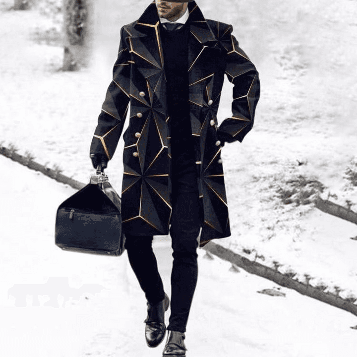 Casual Geometric Printing Trench Collar Double Breasted Black Coat