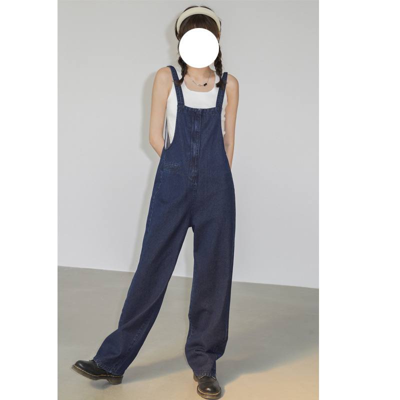French Denim Suspender Pants Summer Women's Thin Design Loose Wide-leg Straight Pants