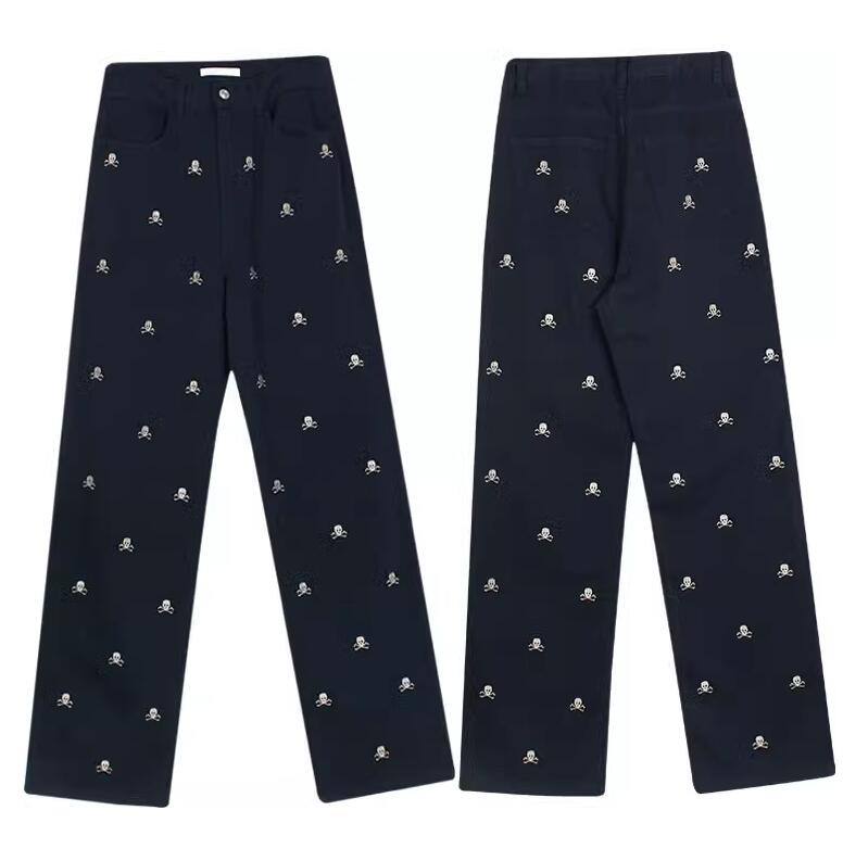 Female Tibetan Blue Skeleton Head Straight Tube Loose Relaxed Pants