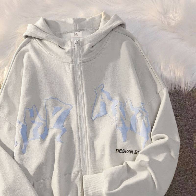 Letter Printed Hoodie Zipper Sweater
