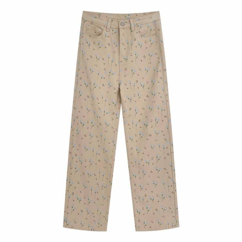 Apricot Floral Jeans Women Loose Wide-leg Straight Trousers