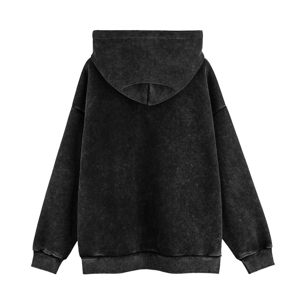 Distressed Letters Printed Velvet Padded Hooded Sweatshirt