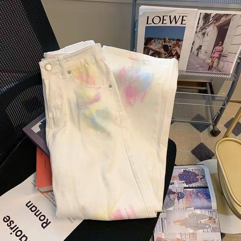 Retro Tie-dye Graffiti Straight High Waist Jeans For Women