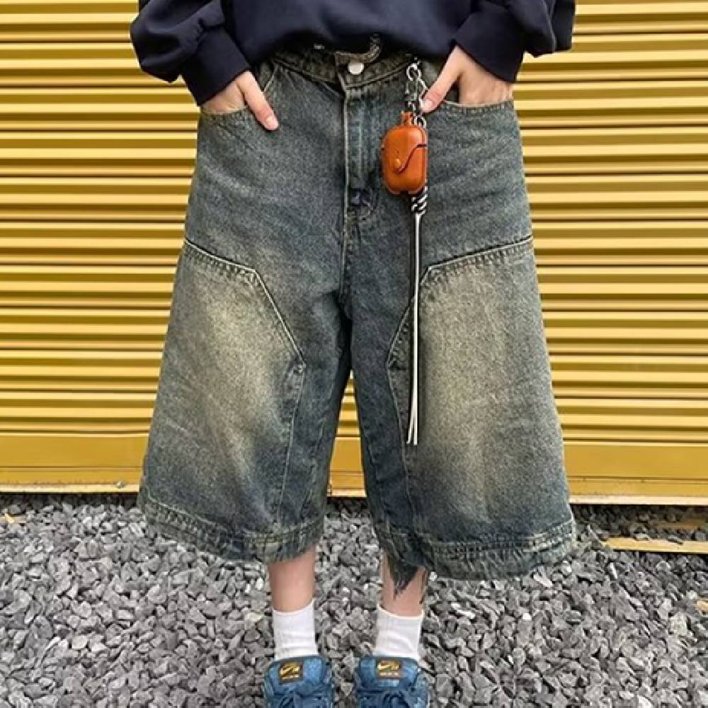 Men's And Women's Retro Washed Denim Straight Wide Leg Shorts