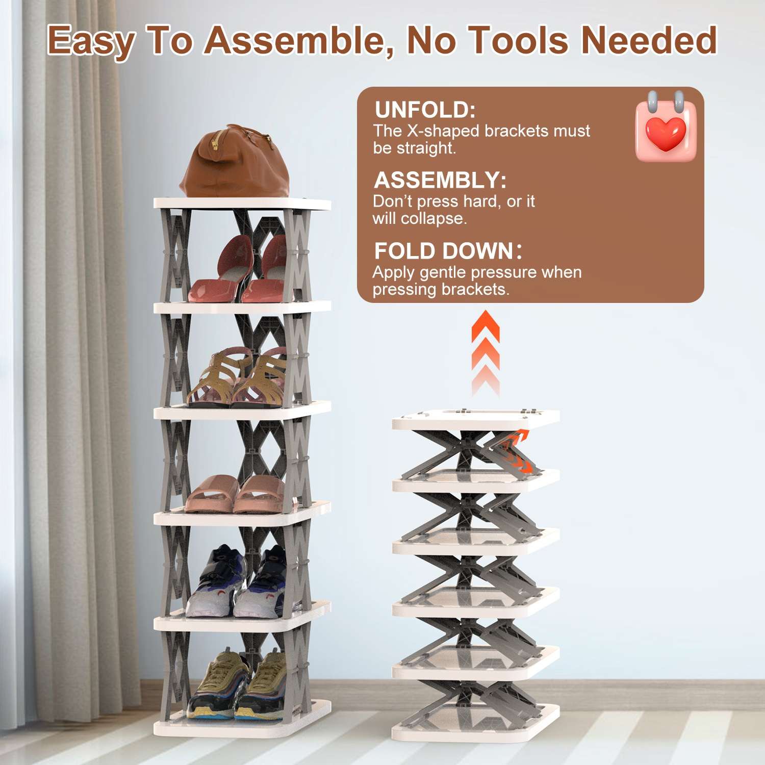 6 Tier Foldable Shoe Rack Vertical Shoe Organizer Narrow Shoe Rack For Small Spaces Space Saving Free Standing For Corner Entryway Hallway Bedroom 2 Color Options