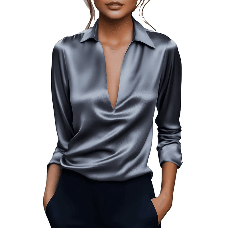 Elegant Women's V-Neck Long Sleeve Blouse With Satin Sheen Solid Color Formal Shirt For Spring Fall