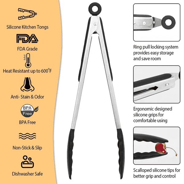 3Pcs Kitchen Tongs Stainless Steel Locking Food Tongs With Silicon