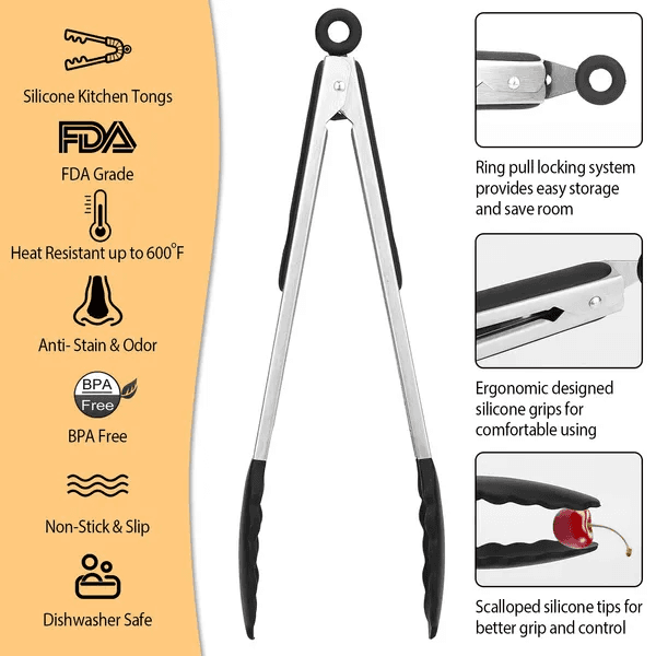 3Pcs Kitchen Tongs Stainless Steel Locking Food Tongs With Silicon